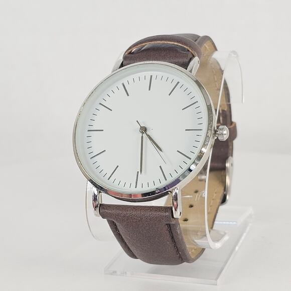 Women's Quartz Watch White Dial Brown Faux Leather Band Silver Case 40mm - Picture 2 of 12